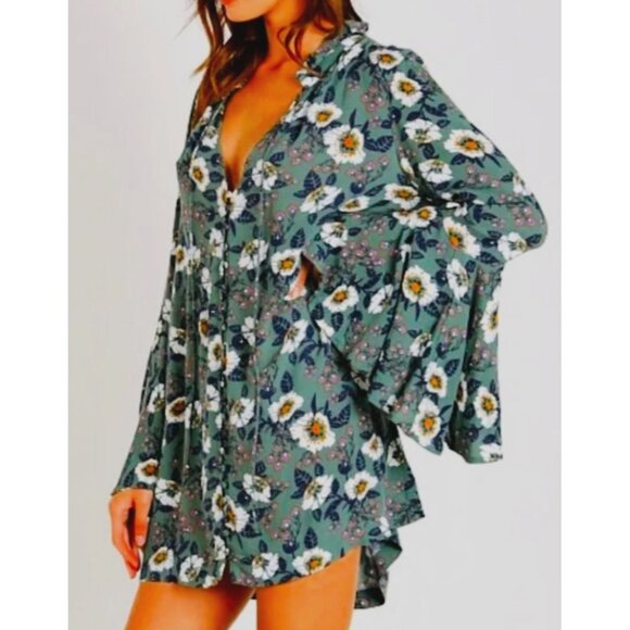 Free People Green Floral Flowy Boho Wings Long-Sleeves Tunic Top Mini Dress XS - Picture 1 of 10